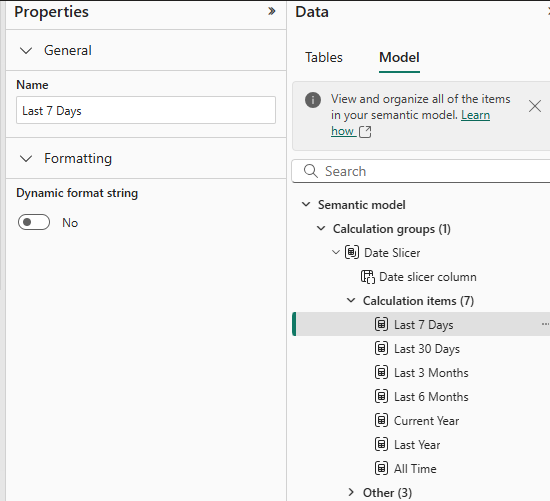 Calculation group showing relative date filter items